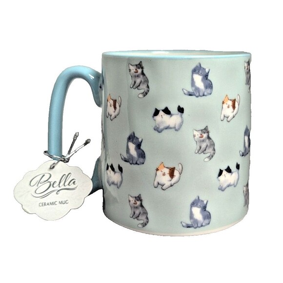 10 Strawberry Street Bella Catface Blue Coffee Mug Cat Print 16-oz Gift Tag NEW - Picture 1 of 7
